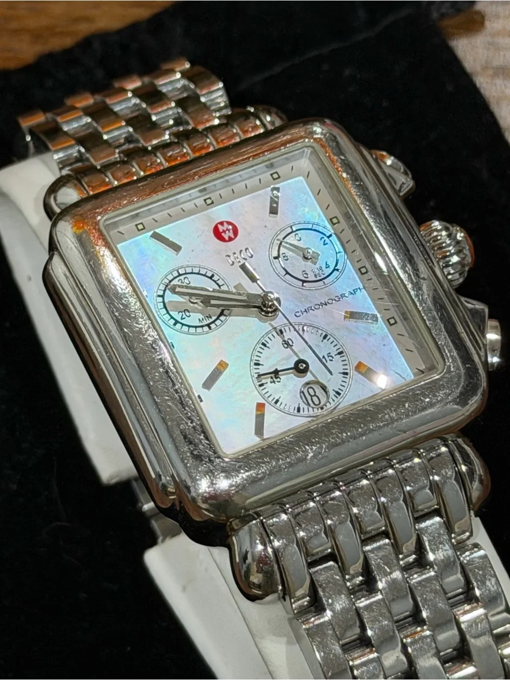 Michele Deco Chronograph Watch Stainless Steel Mother of Pearl Dial Swiss Made